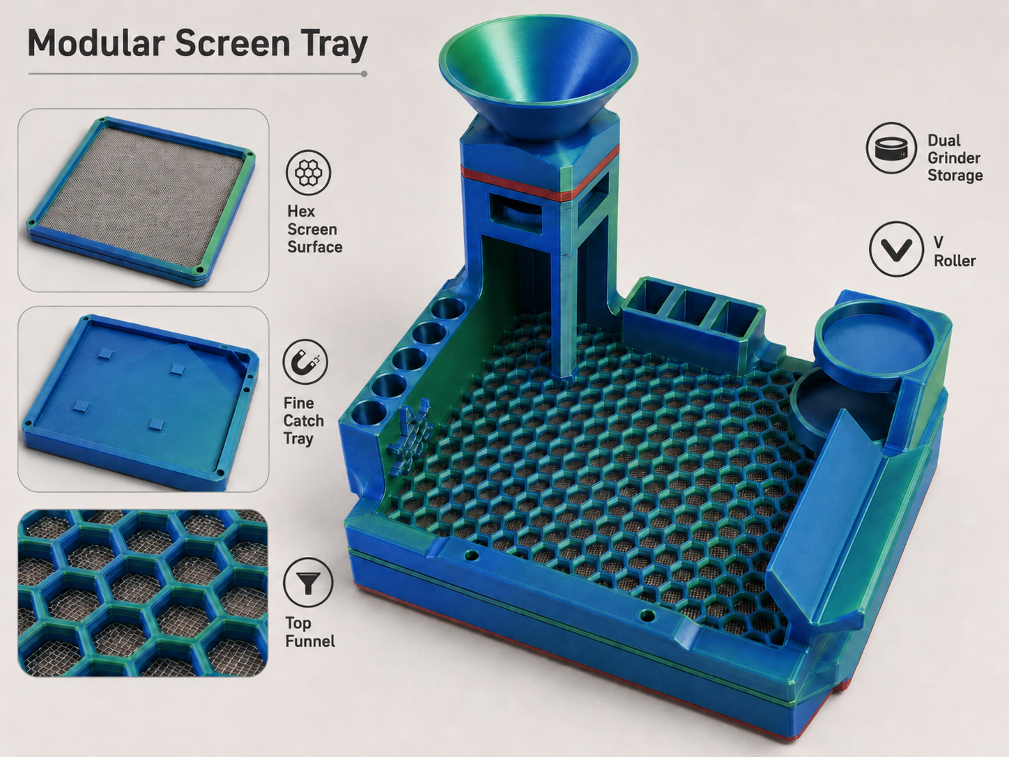 Annotated diagram of Modular Screen Tray with labeled features: funnel, accessory holes, storage bins, grinder dock, V-roller, sifting screen, catch tray